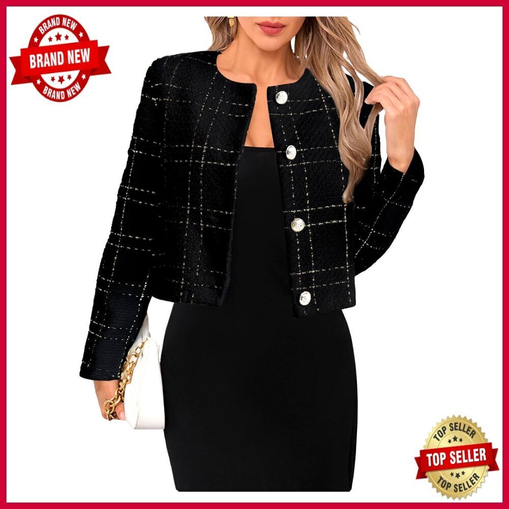 Tweed Crop Jacket Long Sleeve Button Down Plaid Casual Blazer Top